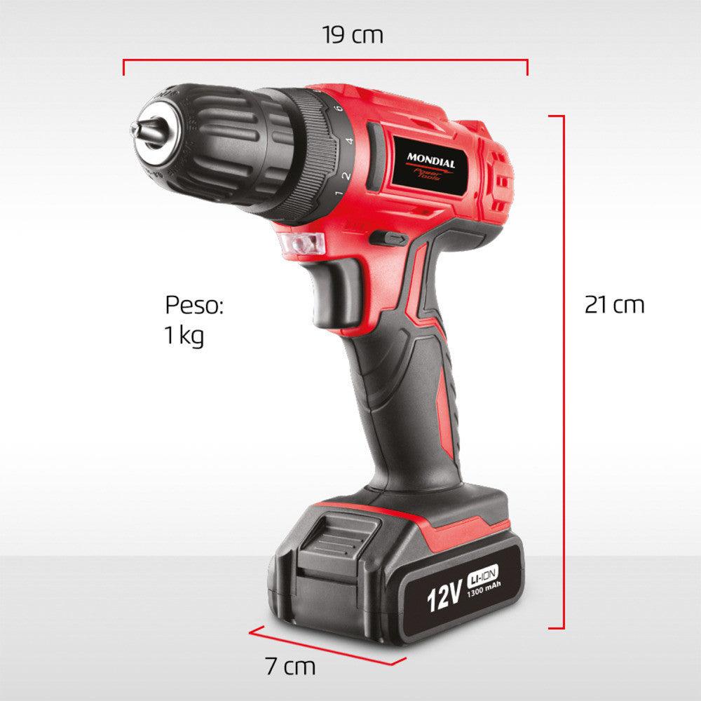 Furadeira Parafusadeira 3/8" a bateria 12 volts c/ maleta e acessórios - Mondial (110V/220V) - Vamos às Compras