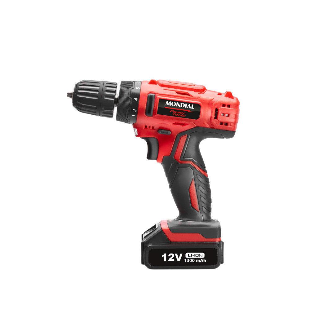 Furadeira Parafusadeira 3/8" a bateria 12 volts c/ maleta e acessórios - Mondial (110V/220V) - Vamos às Compras