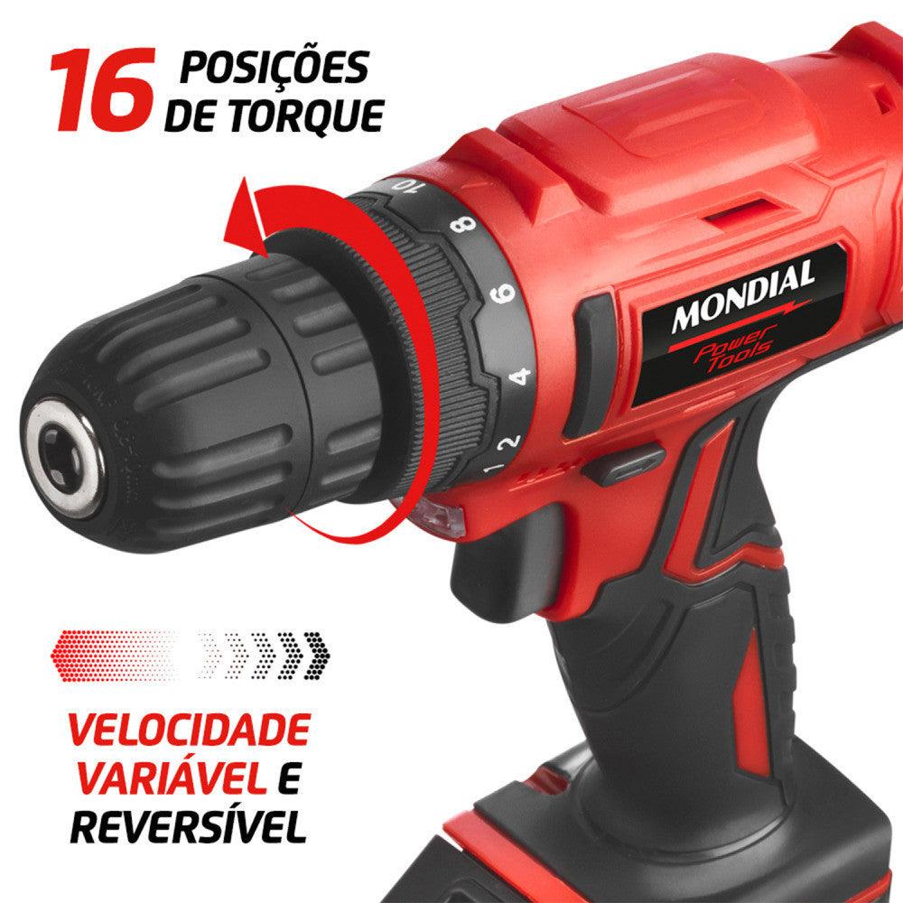 Furadeira Parafusadeira 3/8" a bateria 12 volts c/ maleta e acessórios - Mondial (110V/220V) - Vamos às Compras