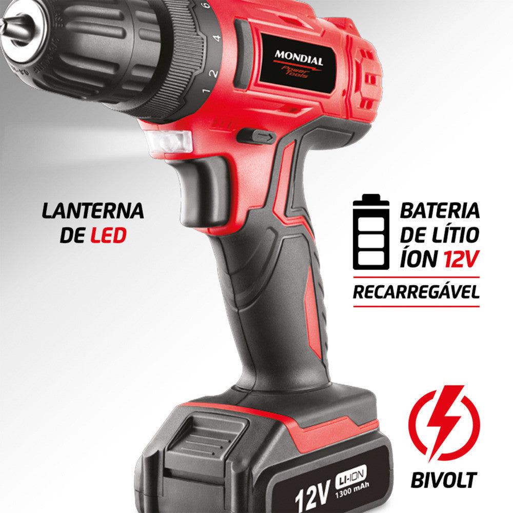 Furadeira Parafusadeira 3/8" a bateria 12 volts c/ maleta e acessórios - Mondial (110V/220V) - Vamos às Compras