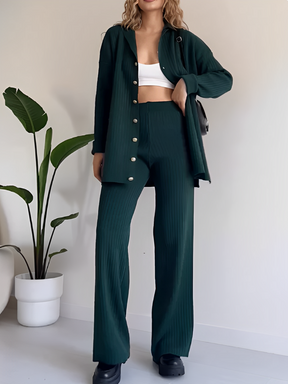 Conjunto Canelado com Camisa Alongada de Botões e Calça Reta com Elástico