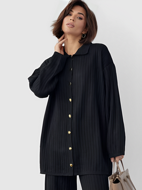 Conjunto Canelado com Camisa Alongada de Botões e Calça Reta com Elástico