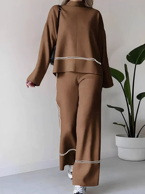 Conjunto de Tricô com Suéter Mullet Gola Alta e Calça Cintura Alta Confortável