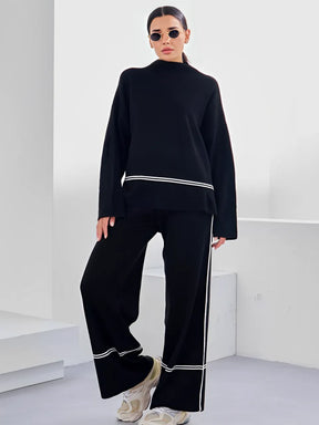 Conjunto de Tricô com Suéter Mullet Gola Alta e Calça Cintura Alta Confortável