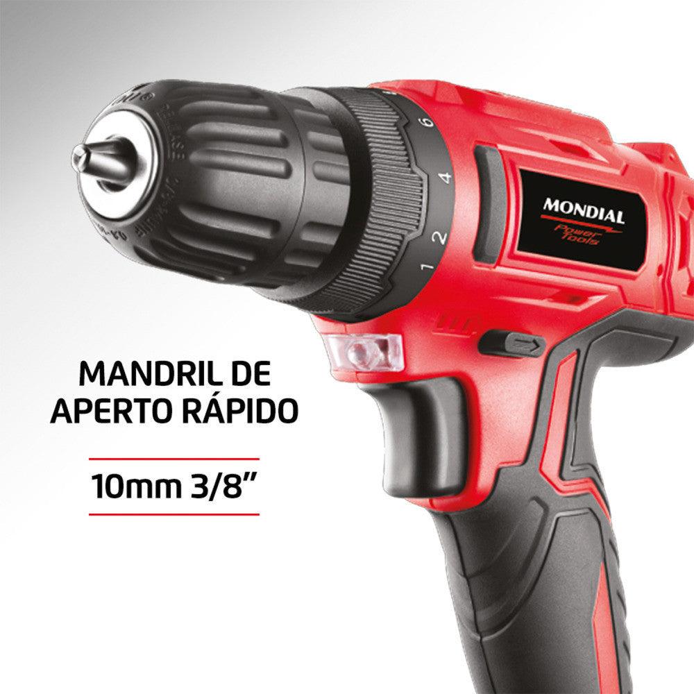 Furadeira Parafusadeira 3/8" a bateria 12 volts c/ maleta e acessórios - Mondial (110V/220V) - Vamos às Compras