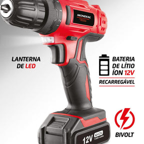 Furadeira Parafusadeira 3/8" a bateria 12 volts c/ maleta e acessórios - Mondial (110V/220V) - Vamos às Compras