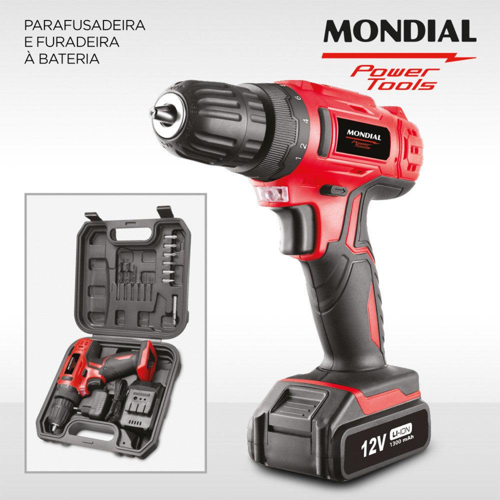 Furadeira Parafusadeira 3/8" a bateria 12 volts c/ maleta e acessórios - Mondial (110V/220V) - Vamos às Compras